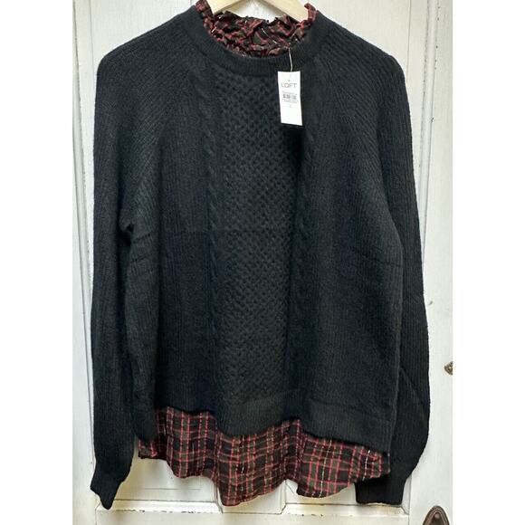 NWT Loft Black Sweater Layered Look Plaid Trim Size Large - Picture 1 of 4